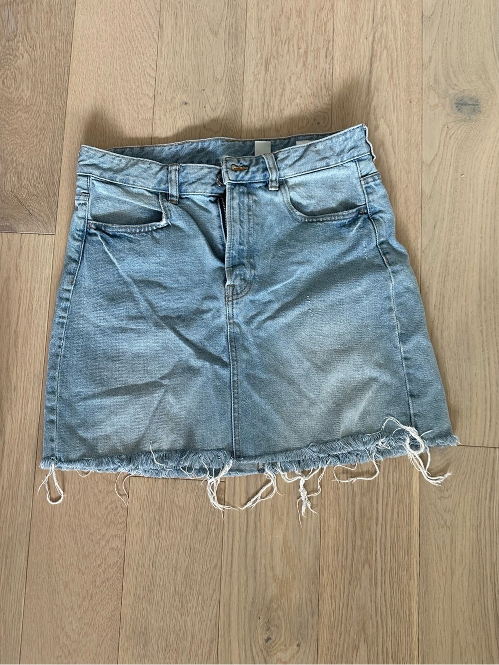 Light Blue Denim Mini Skirt - Casual Frayed Hem